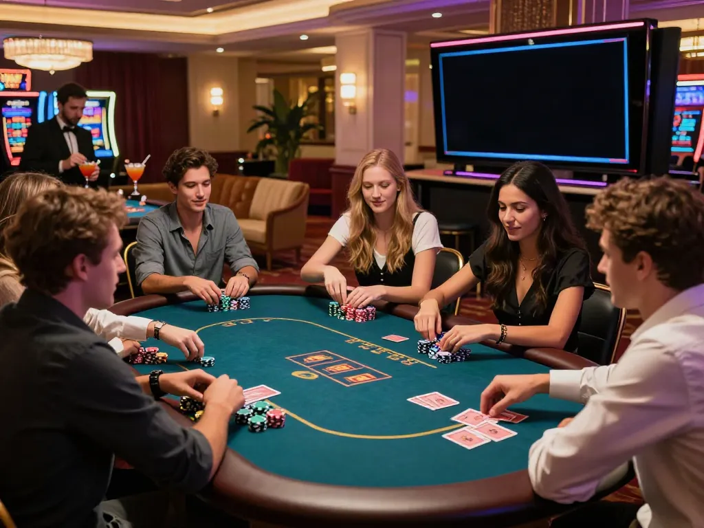 Friends enjoying a non Gamstop casino experience at a vibrant gaming hall.