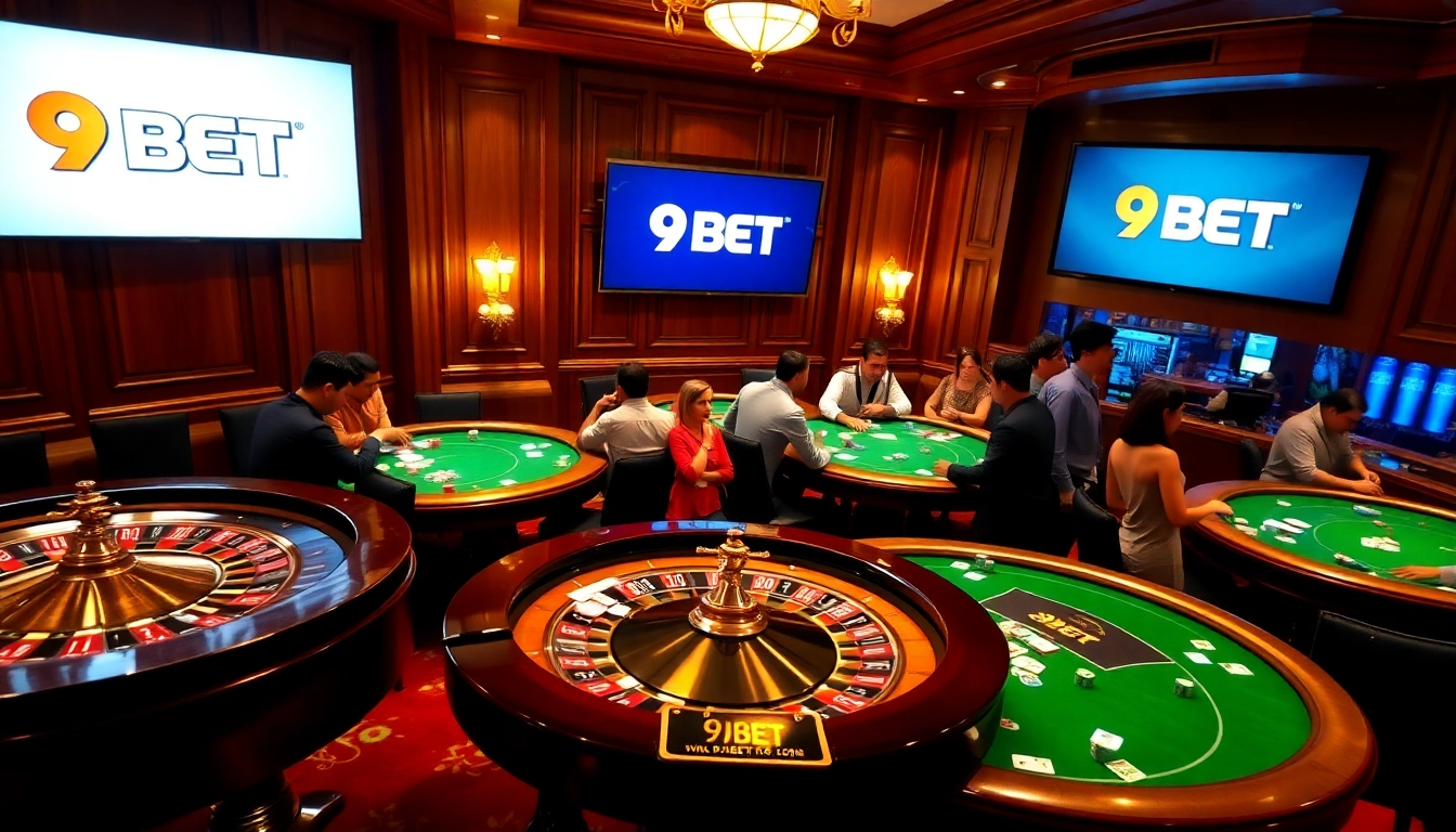 Feel the excitement of 9BET in a vibrant casino with dynamic players and luxurious gaming tables.