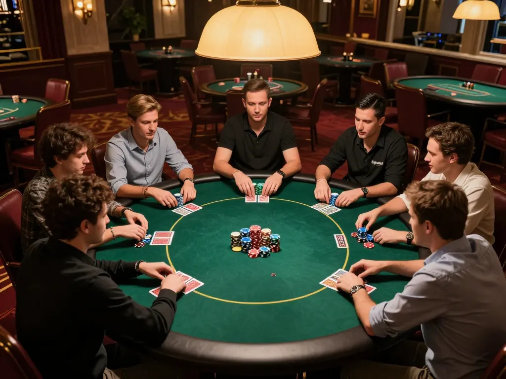 Engaging poker game scene showcasing iwin players strategizing over their cards and chips.