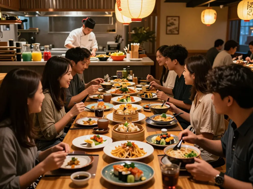 Dining experience at RED88 featuring vibrant Asian dishes in a lively restaurant.