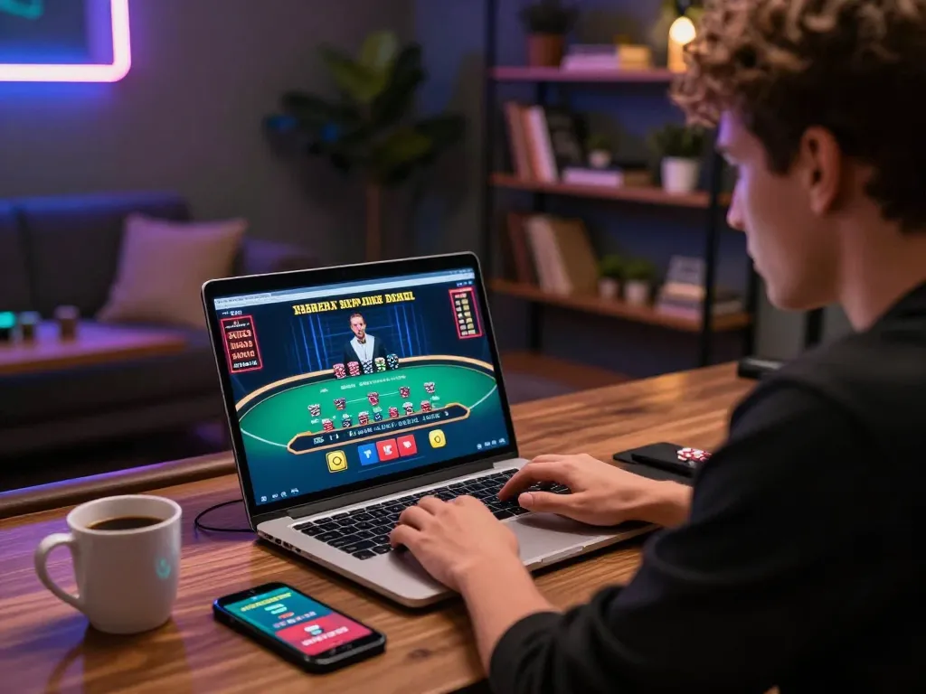 Engaged player strategizing at an online casino game using sunwin app in a cozy home environment.