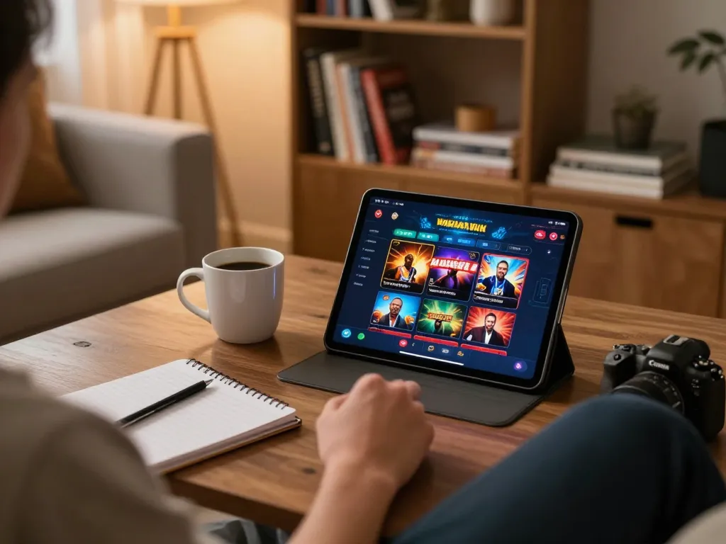 Engaged player analyzing strategies on a tablet while exploring nhà cái uy tín online gaming options in a cozy setting.
