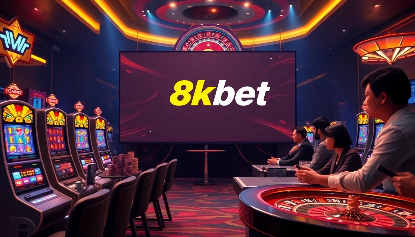 Exciting online gambling scene featuring 8kbet logo, casino tables, and illuminated slot machines.