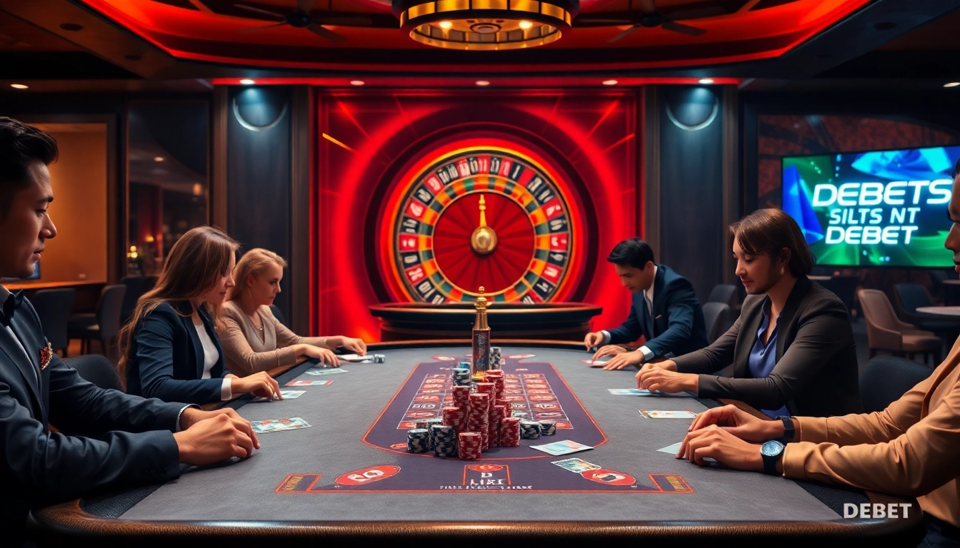 Experience the excitement of Nhà cái DEBET at a luxurious casino table with professional gamblers.