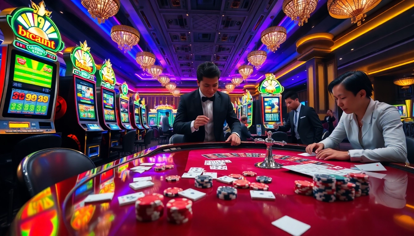 Experience excitement at Go99 with vibrant casino games, poker chips, and a bustling atmosphere.