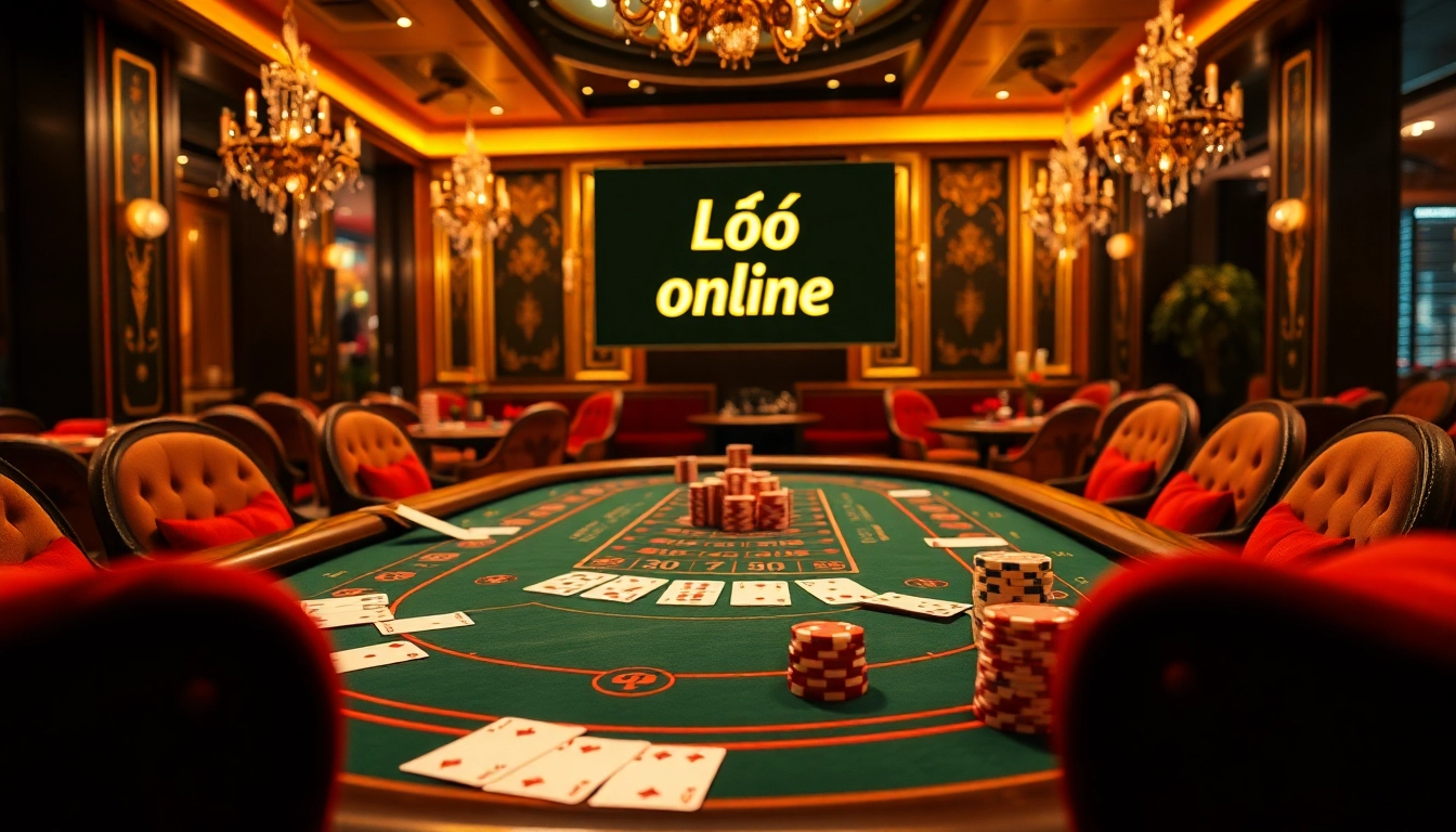 Lô đề online betting scene with players at an elegant gaming table featuring cards, dice, and chips