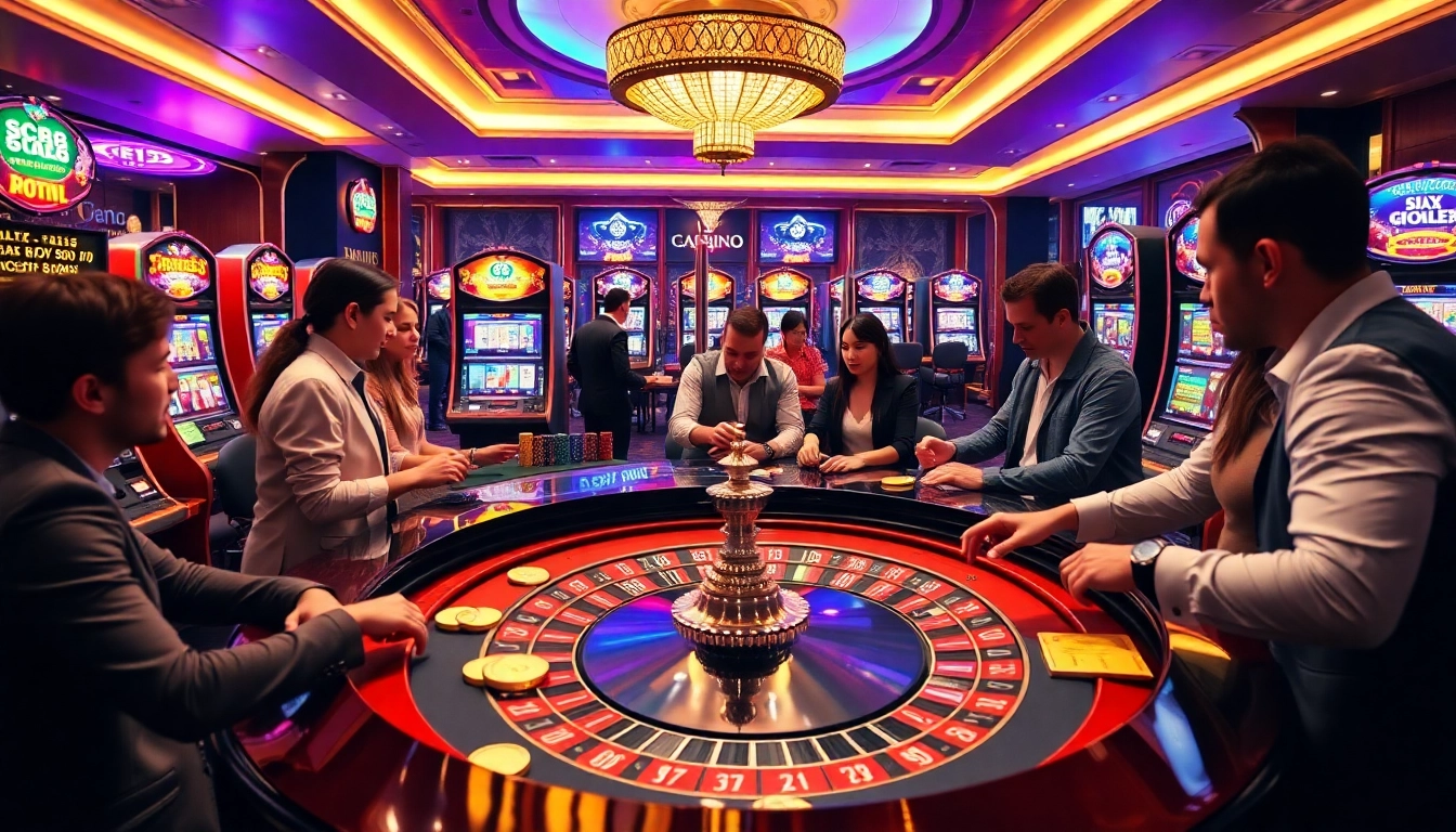 Exciting casino action at https://sc88.today/ with players at roulette tables and vibrant slot machines.