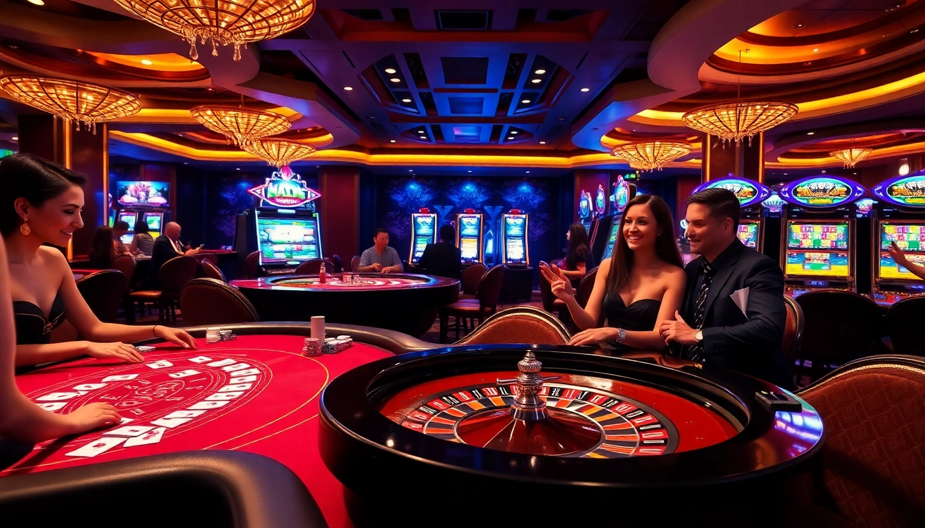Action-packed Daga casino scene with players enjoying poker and roulette under vibrant lights.