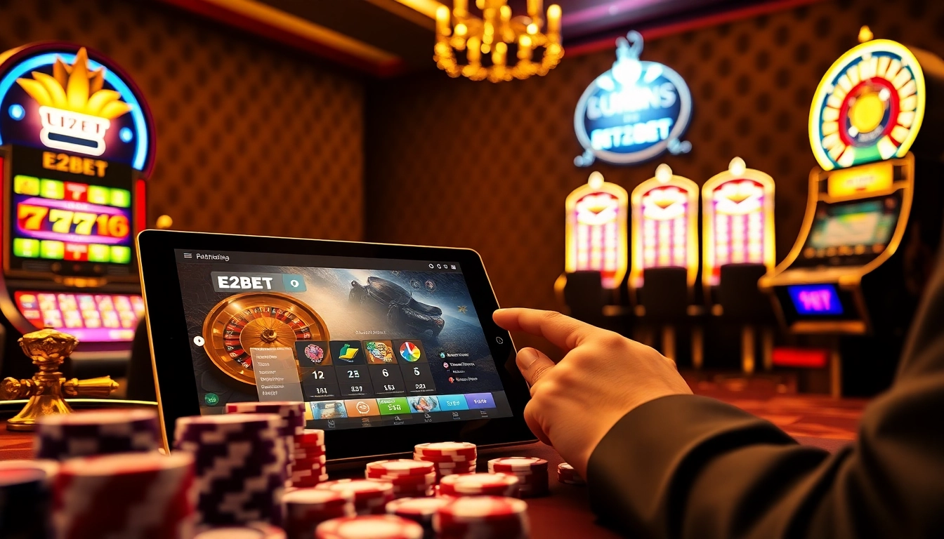 E2BET users engaging with a vibrant online casino on a tablet amidst poker chips and roulette wheels.