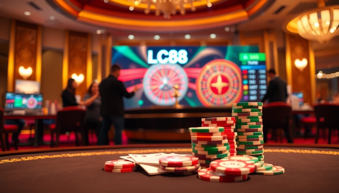 Players enjoy a thrilling game at the LC88 casino table, showcasing excitement and strategy.