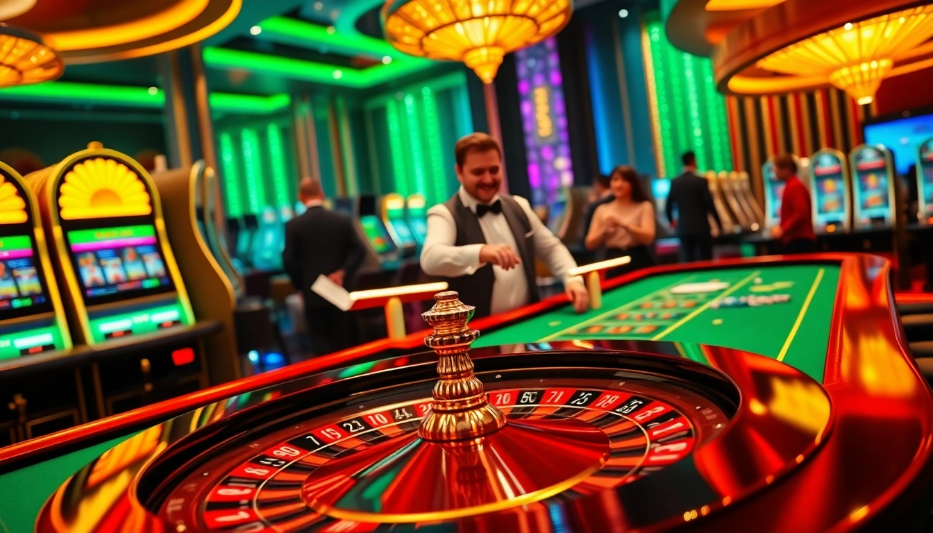 Players experience excitement at the BDTK1 casino, featuring a lavish roulette table and vibrant slot machines.