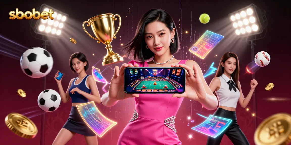 Sbobet sports betting scene with a tech-savvy woman, dynamic action and luxurious elements