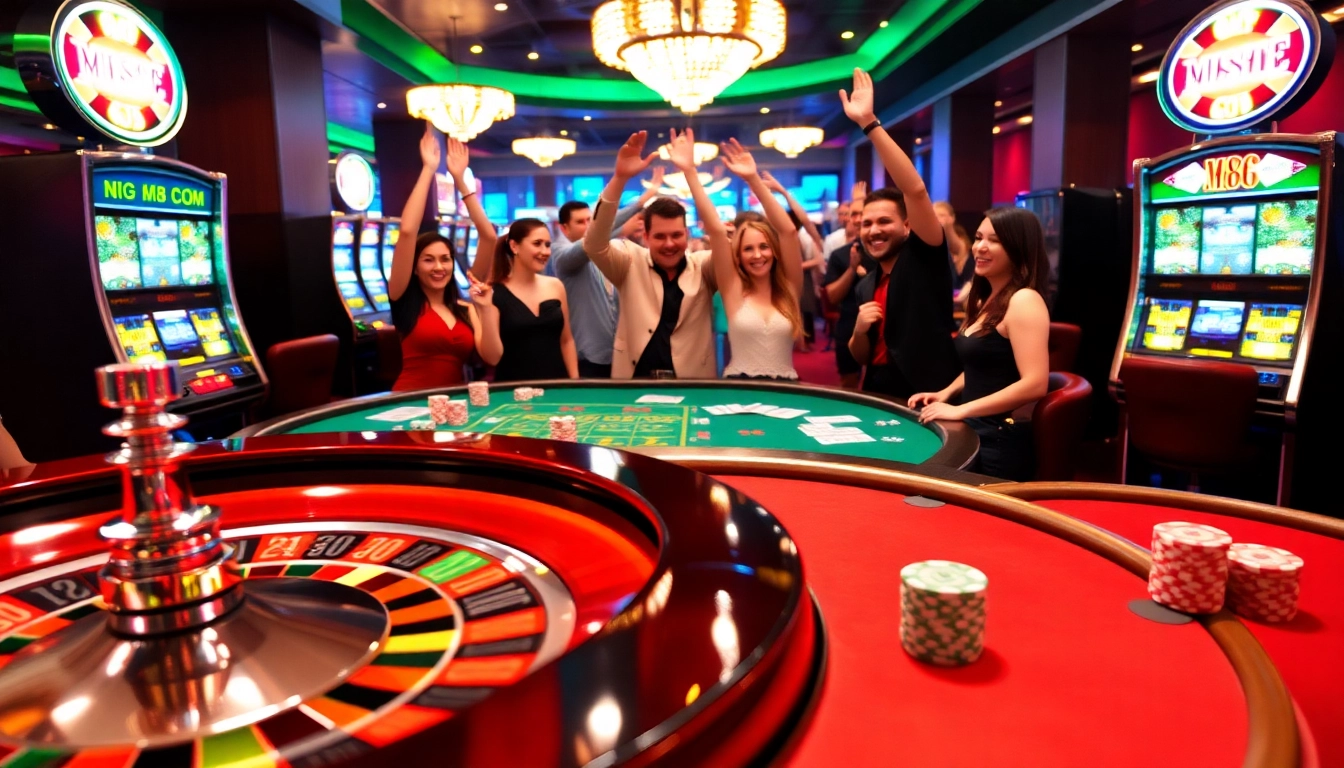 Exciting casino atmosphere featuring MM88 COM with roulette, poker tables, and slot machines.