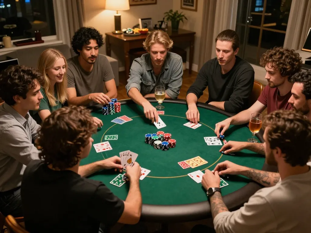Players enjoying a thrilling poker game at home together, showcasing ww88 gaming experience.
