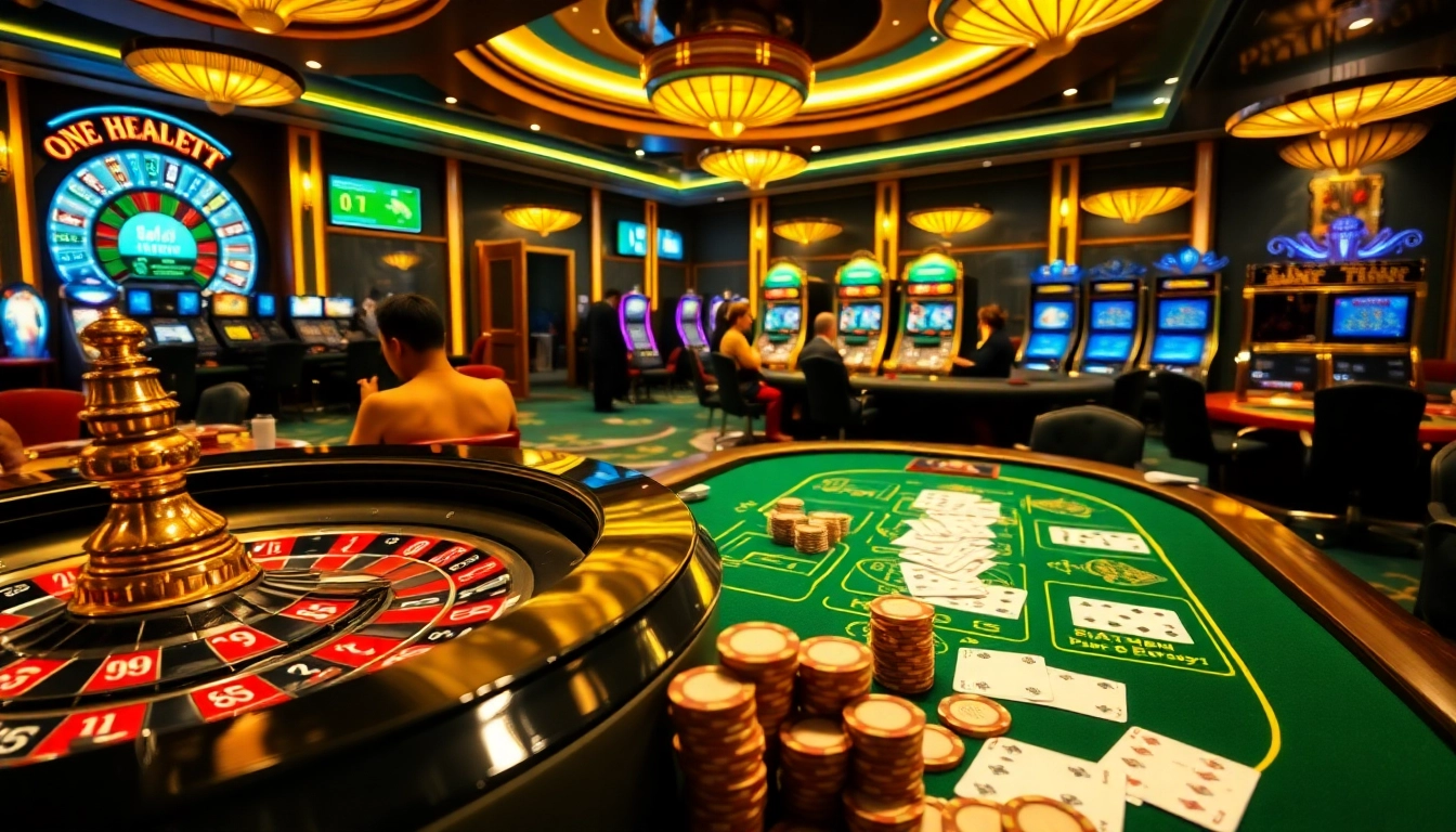 Engaging scene of casino players utilizing strategies at 98win tables, highlighting excitement and luxury.