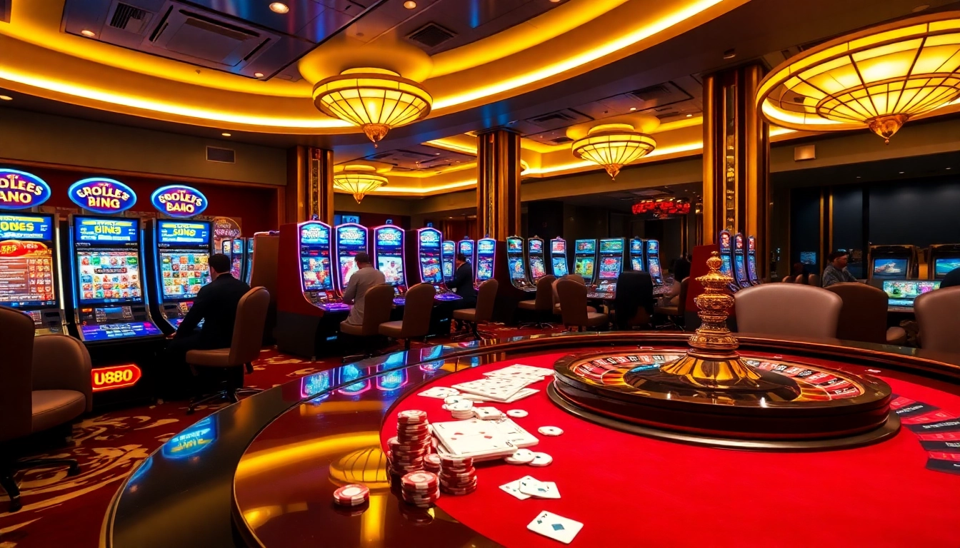 Immerse in U888's thrilling casino scene with roulette wheels and slot machines.