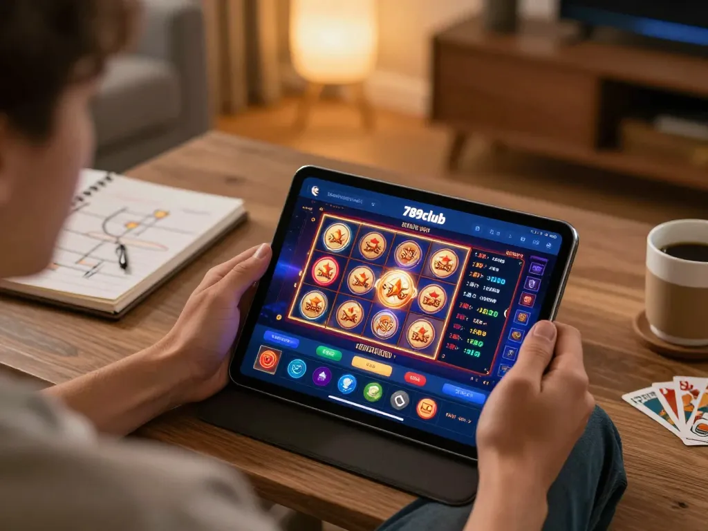 Player exploring 789club slots on tablet in a cozy home setting, showcasing responsible gaming.