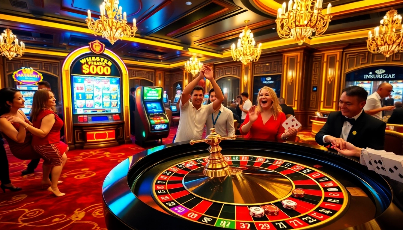 Players celebrating wins at Win 88 with a luxurious roulette table and casino atmosphere.