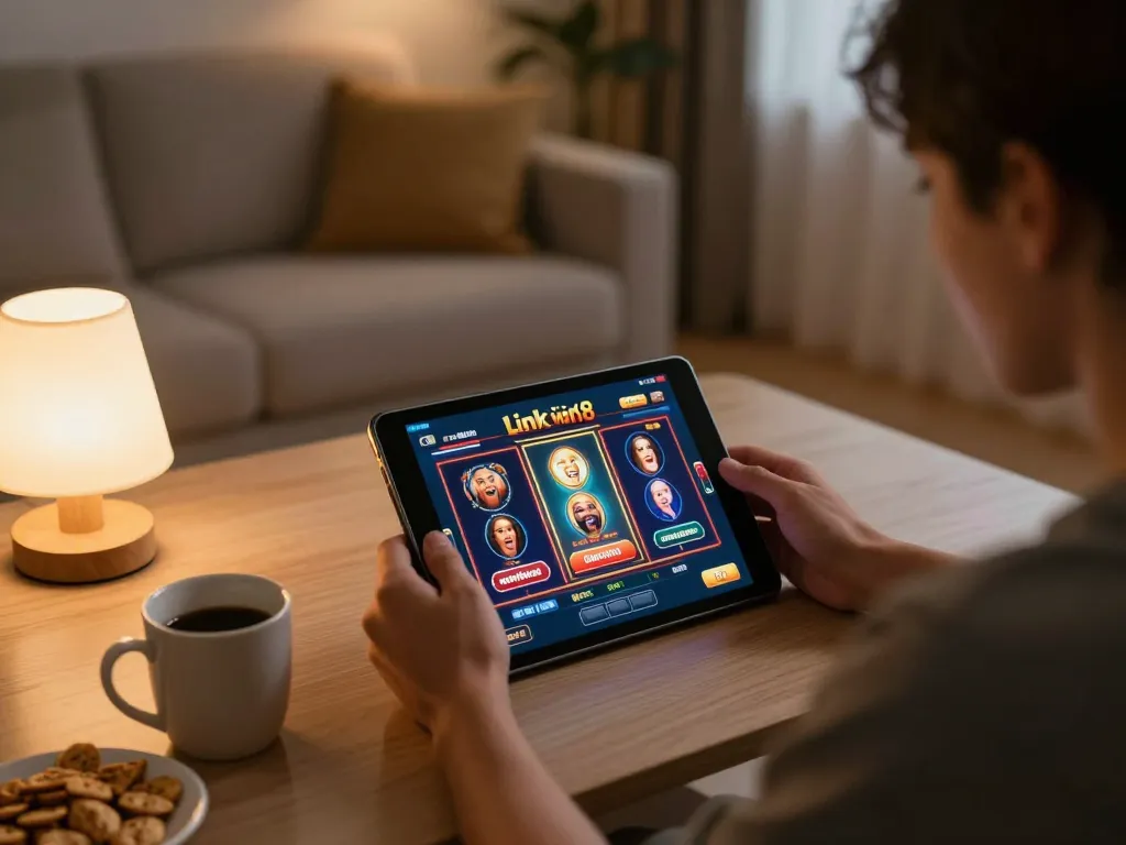 Engaging gameplay at home using Link vào win68 casino app on tablet, cozy atmosphere with snacks and drinks.
