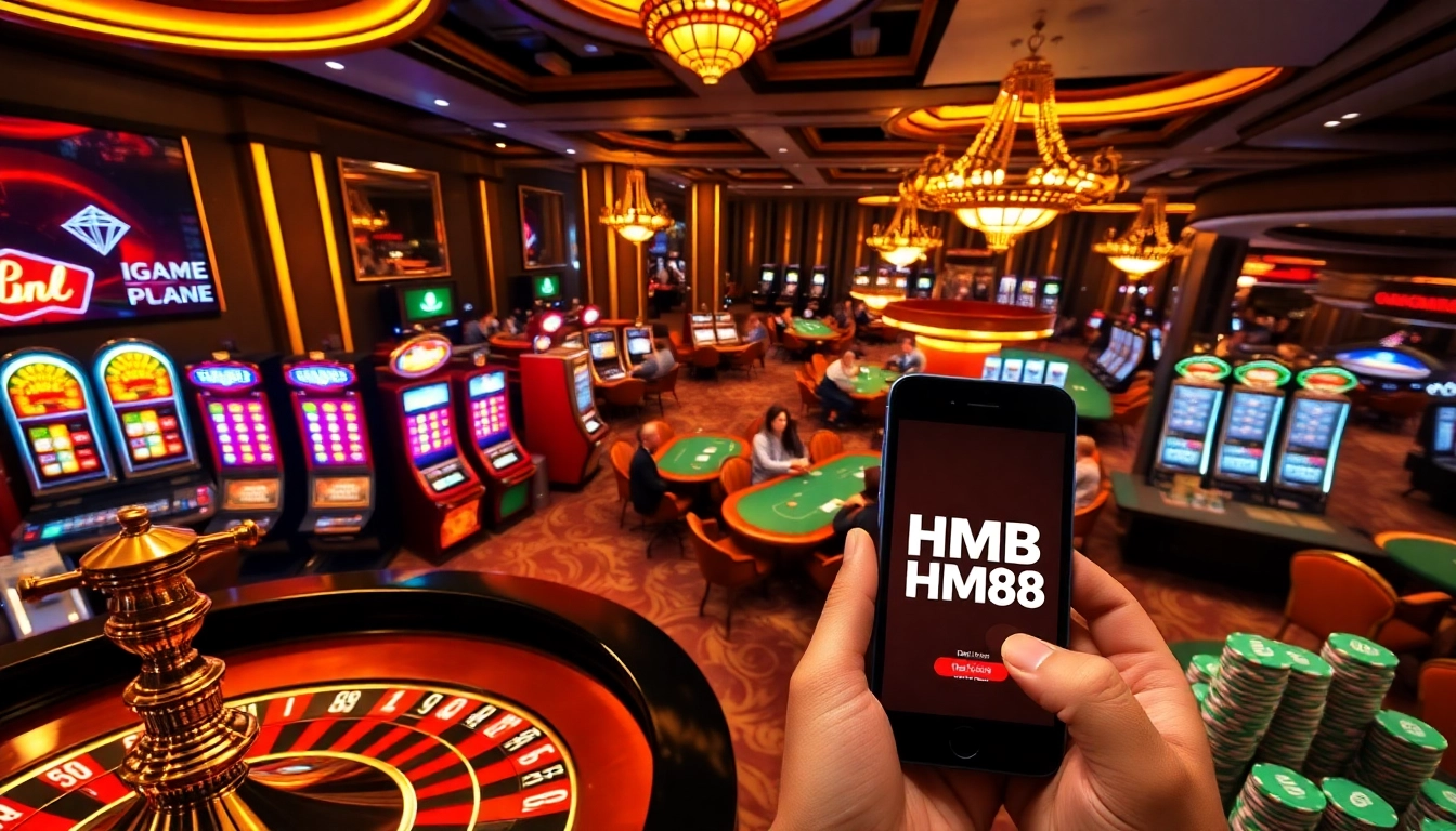 Experience thrilling gameplay at HM88 online casino with vibrant slots, roulette, and poker chips.