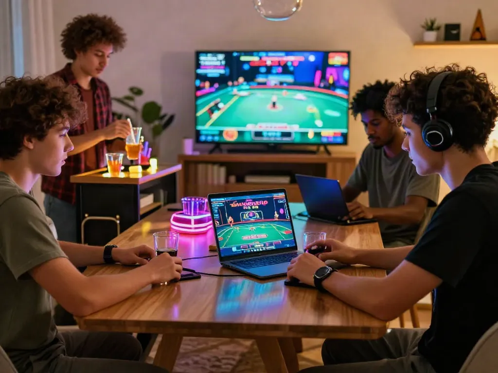 Diverse group enjoying a non GamStop casino game night with drinks and neon lights.