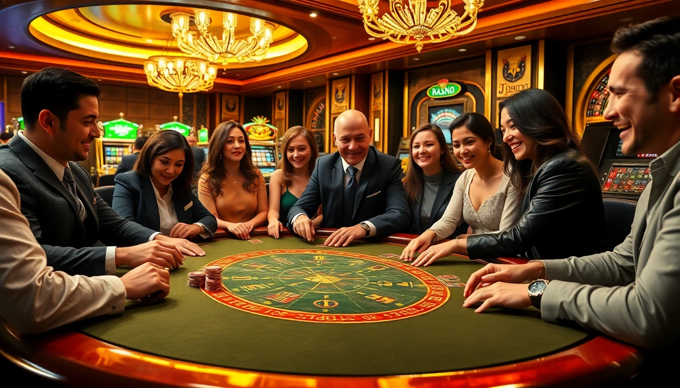 Players strategizing at the J88 casino table amid vibrant gambling elements.