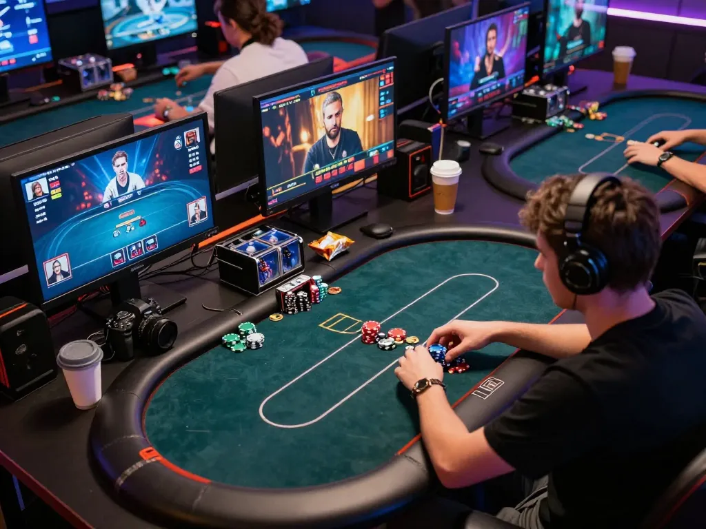 Player engaging in online casino session with poker tables on various screens, exploring com gaming strategies.