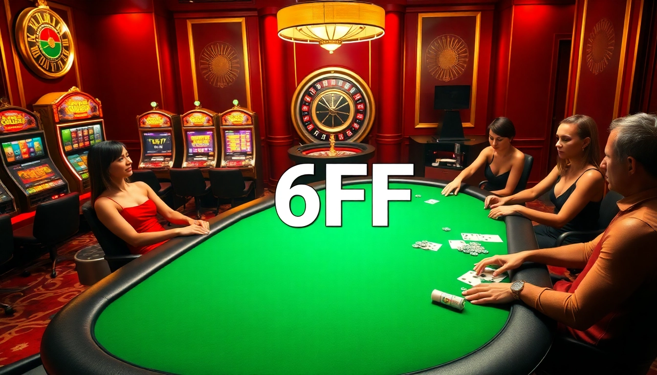 Players strategizing at a glamorous poker table in the 6FF casino, showcasing an exciting gambling atmosphere.