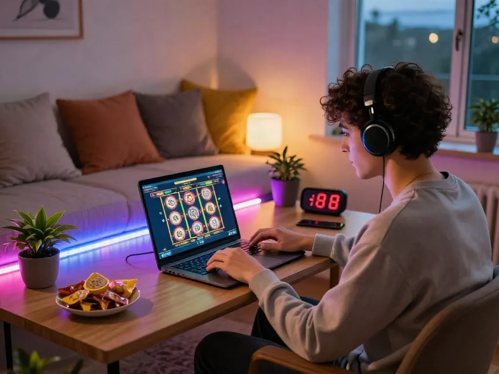 Person enjoying gaming at a non Gamstop casino in a cozy home setup.