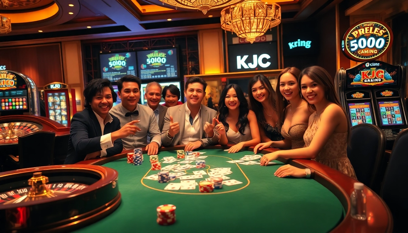KJC players enjoying a thrilling game at a luxurious casino poker table with vibrant slot machines.