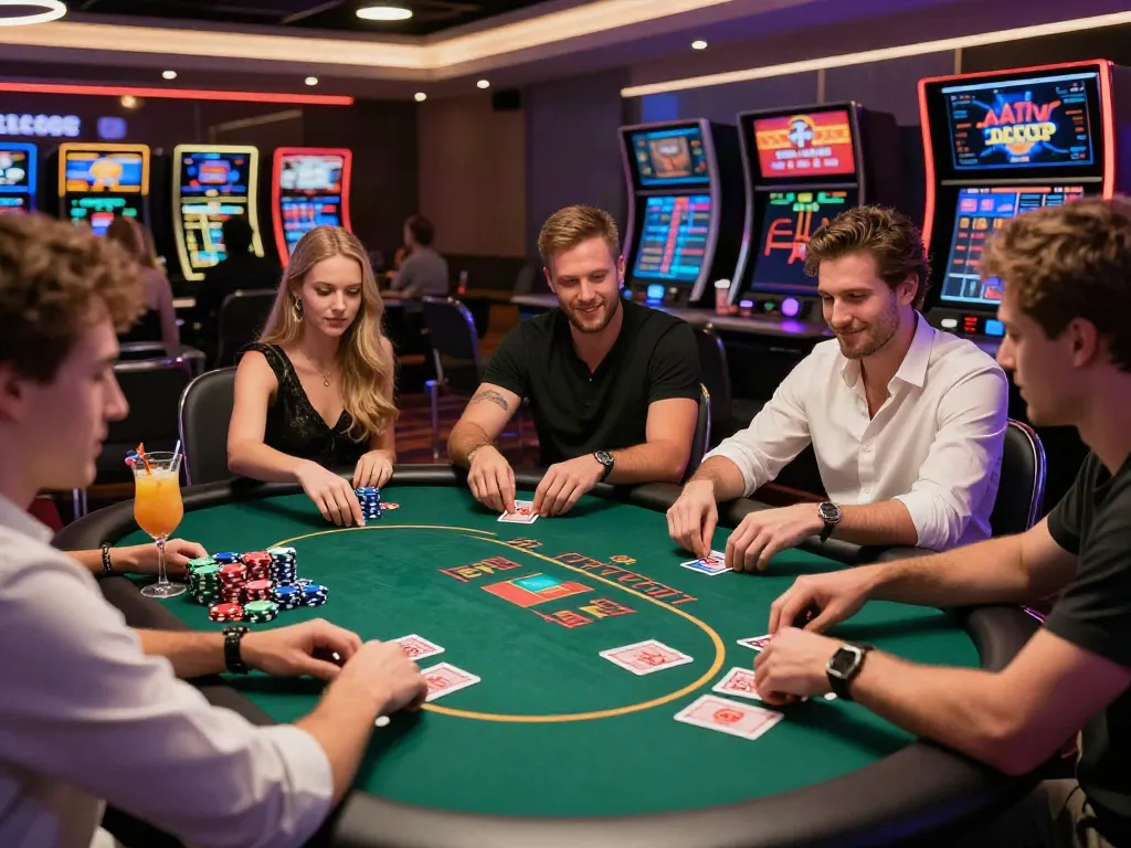 Friends enjoying a game night at a lively non Gamstop casino, showcasing excitement and social interaction.