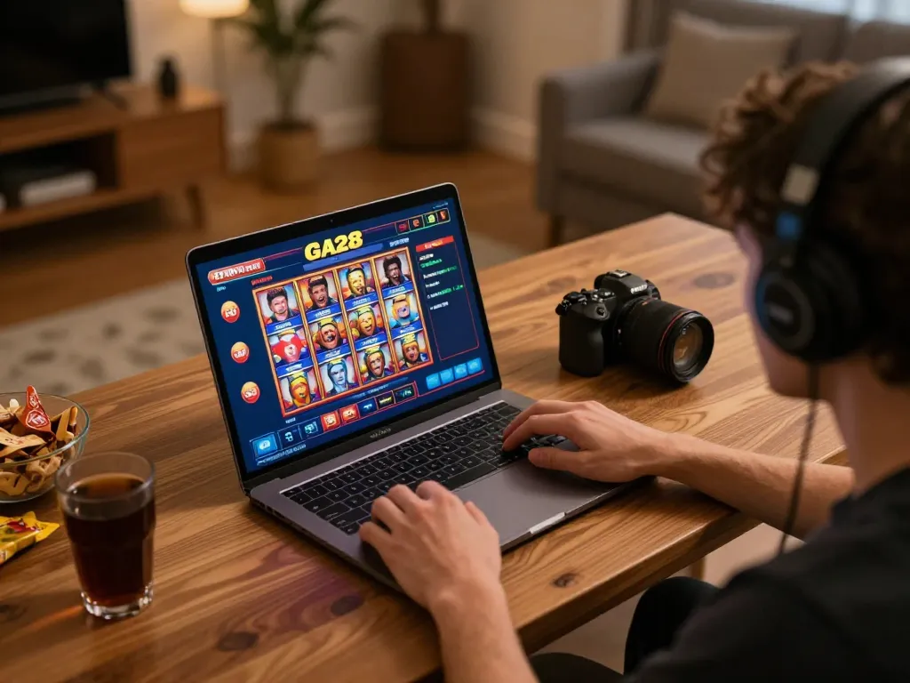 GA28 player enjoying dynamic online slots at home with vibrant interface and cozy atmosphere