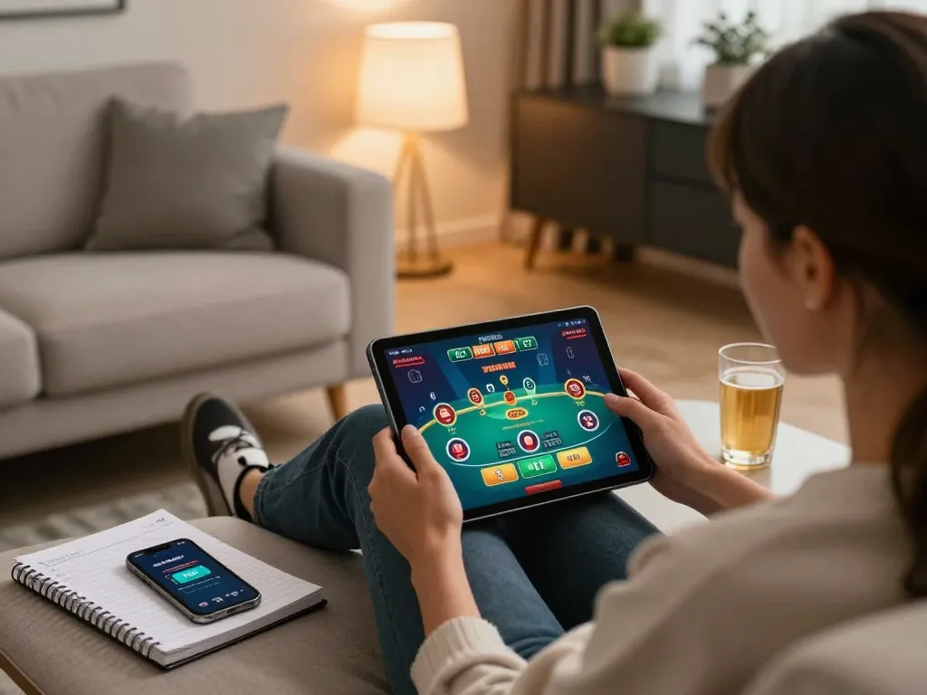 Active online gaming session at https://jl16-games.org/', showcasing strategic play on a tablet in a cozy home.