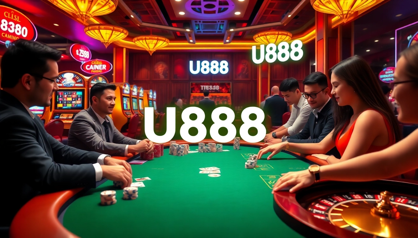Experience the excitement of U888 with players at a digital poker table, surrounded by stunning casino visuals.