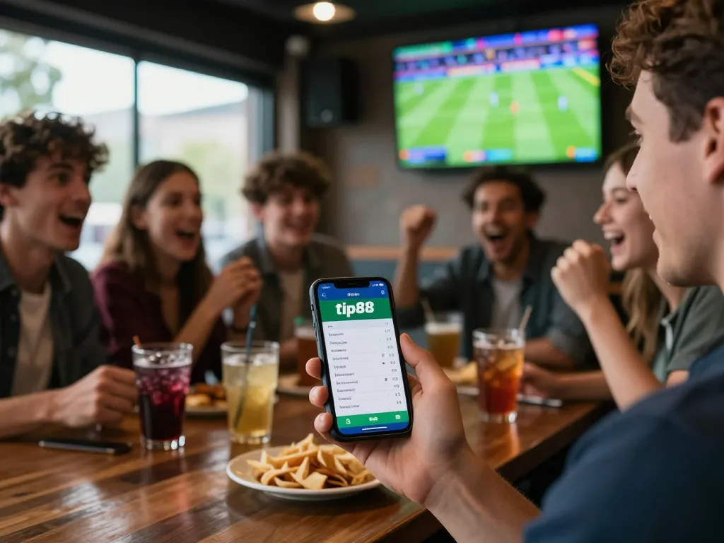 Engaged bettor using the tip88 app for live sports betting at a lively sports bar