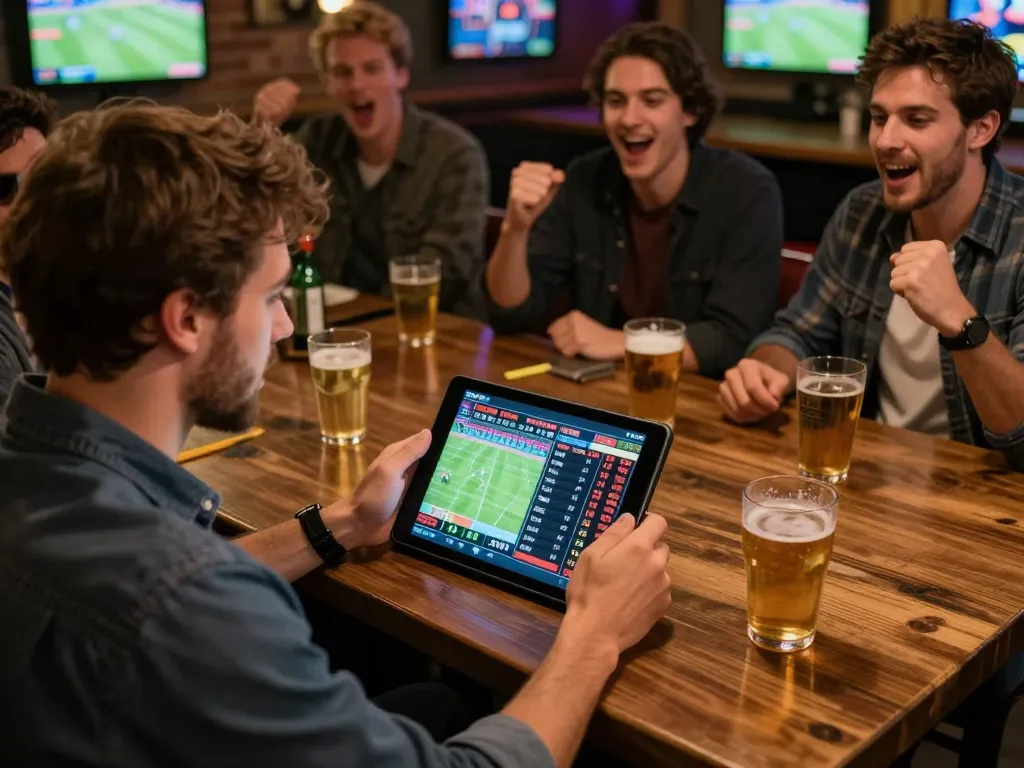 Watch sports and analyze odds with keonhacai5 on a tablet in a lively sports bar.