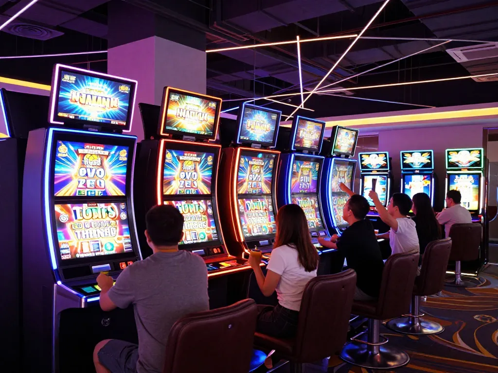 Players enjoying thrilling slot machines at EE88 casino, vibrant lights and excitement surround the gaming experience