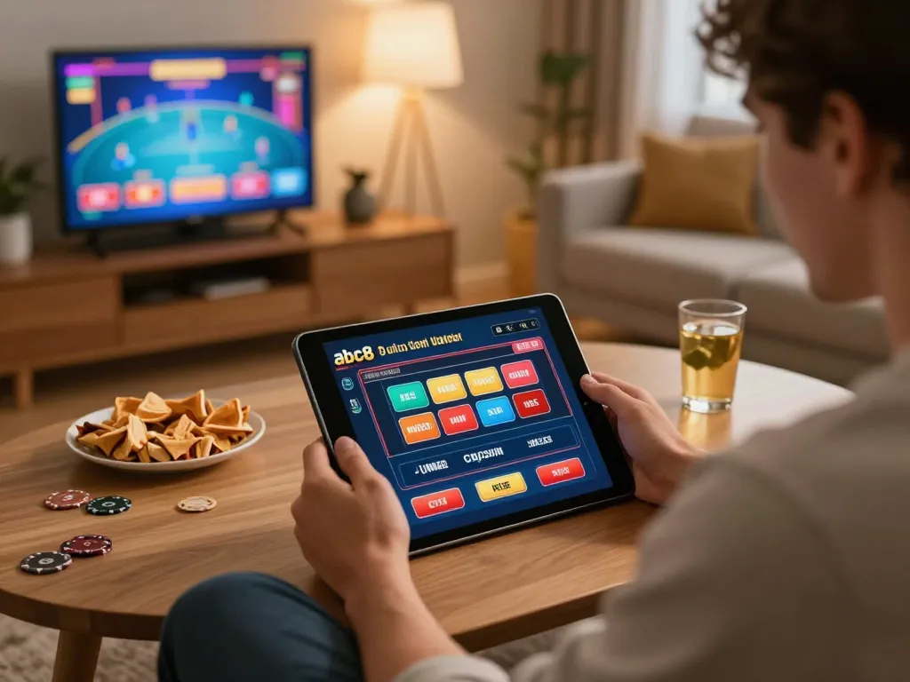 Player using the abc8 mobile app for online gambling in a cozy home setting, showcasing engagement and strategic gameplay