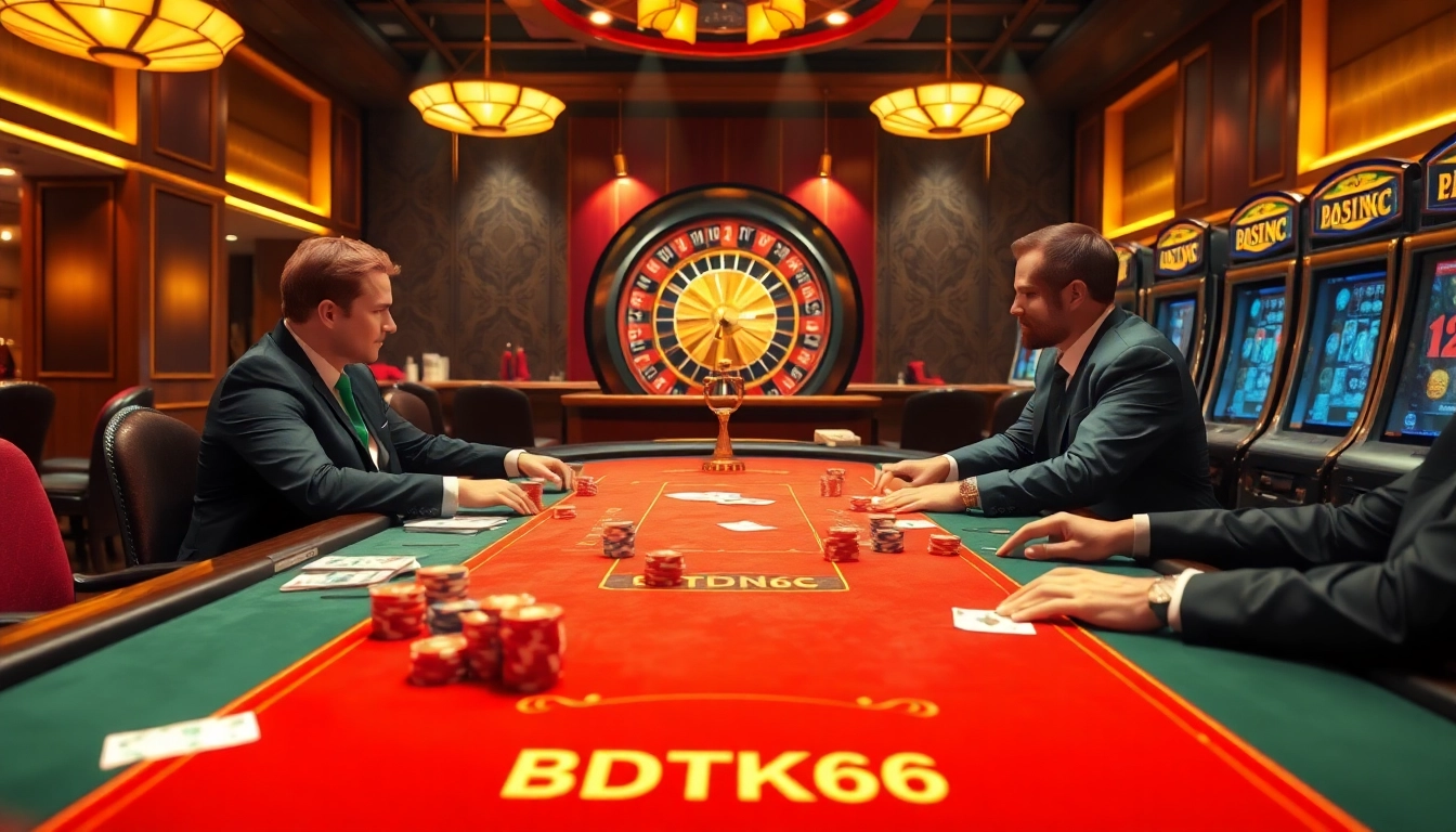 Players strategize at a glamorous poker table in a casino with BDTK66 branding, showcasing excitement.