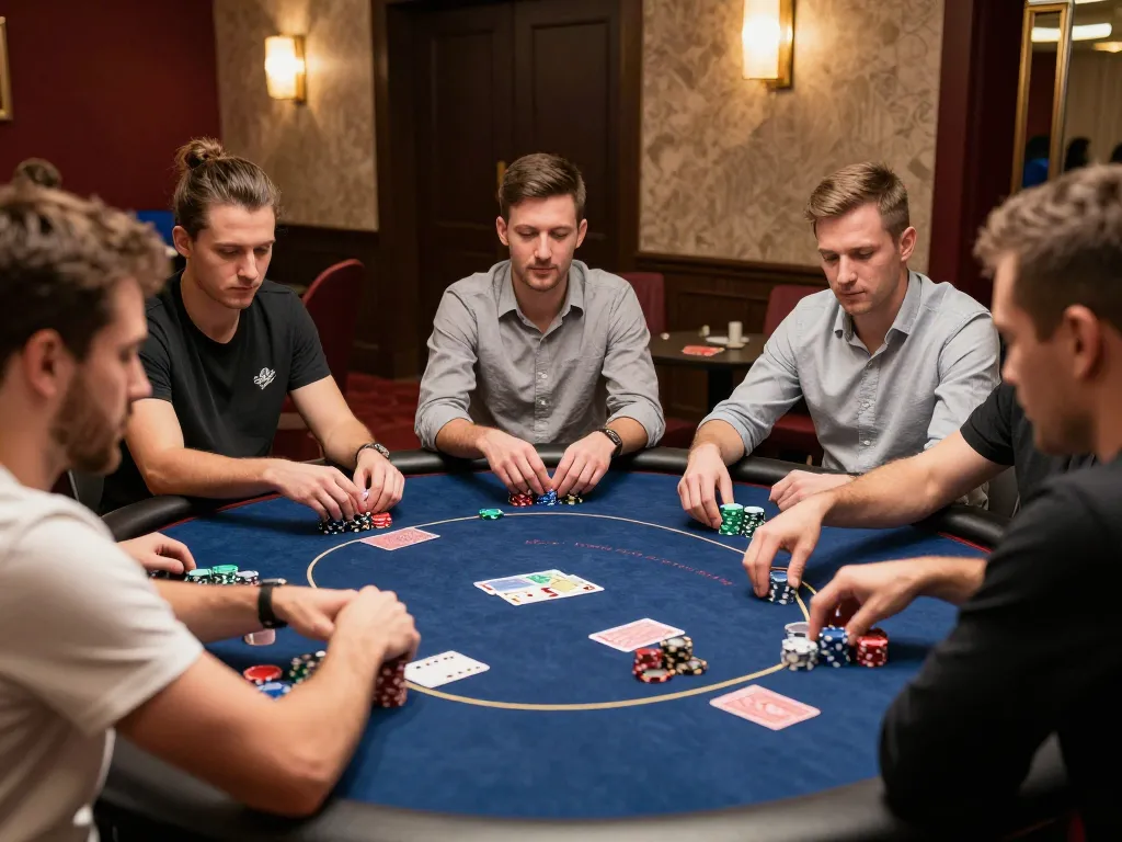 F8BET players engaged in an intense poker game at an upscale tournament, highlighting the excitement of high-stakes gambling.