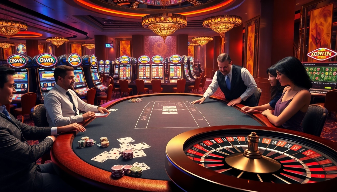 Engage in the thrilling Okwin casino experience with vibrant tables and eager players.
