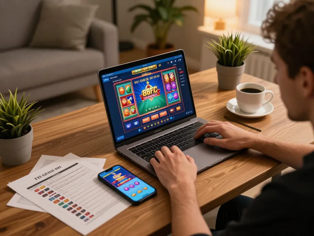 Engaging in online gaming at 88FC, showcasing vibrant casino interface on laptop