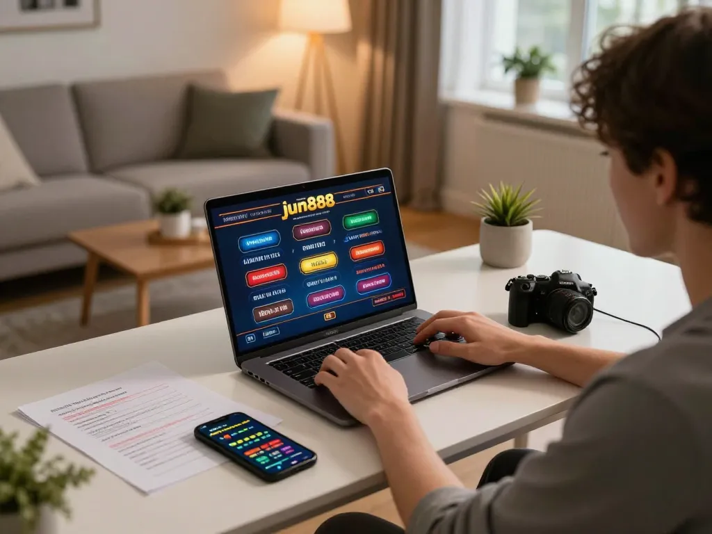 Player enjoying online gaming experience with jun888, laptop showing casino interface and strategic notes around.