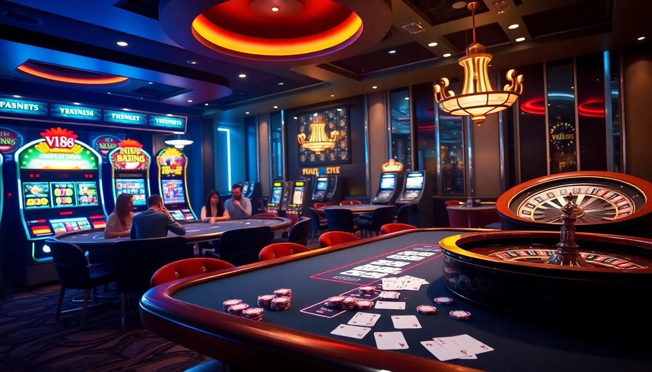 Experience thrilling games at VN168 with luxurious casino visuals featuring poker and slot machines.