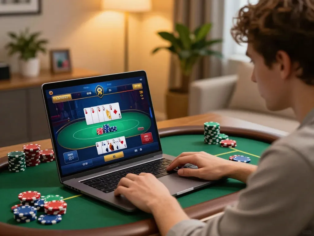Engaged player using aa88 poker interface on a laptop in a cozy home setting for strategic casino gameplay.