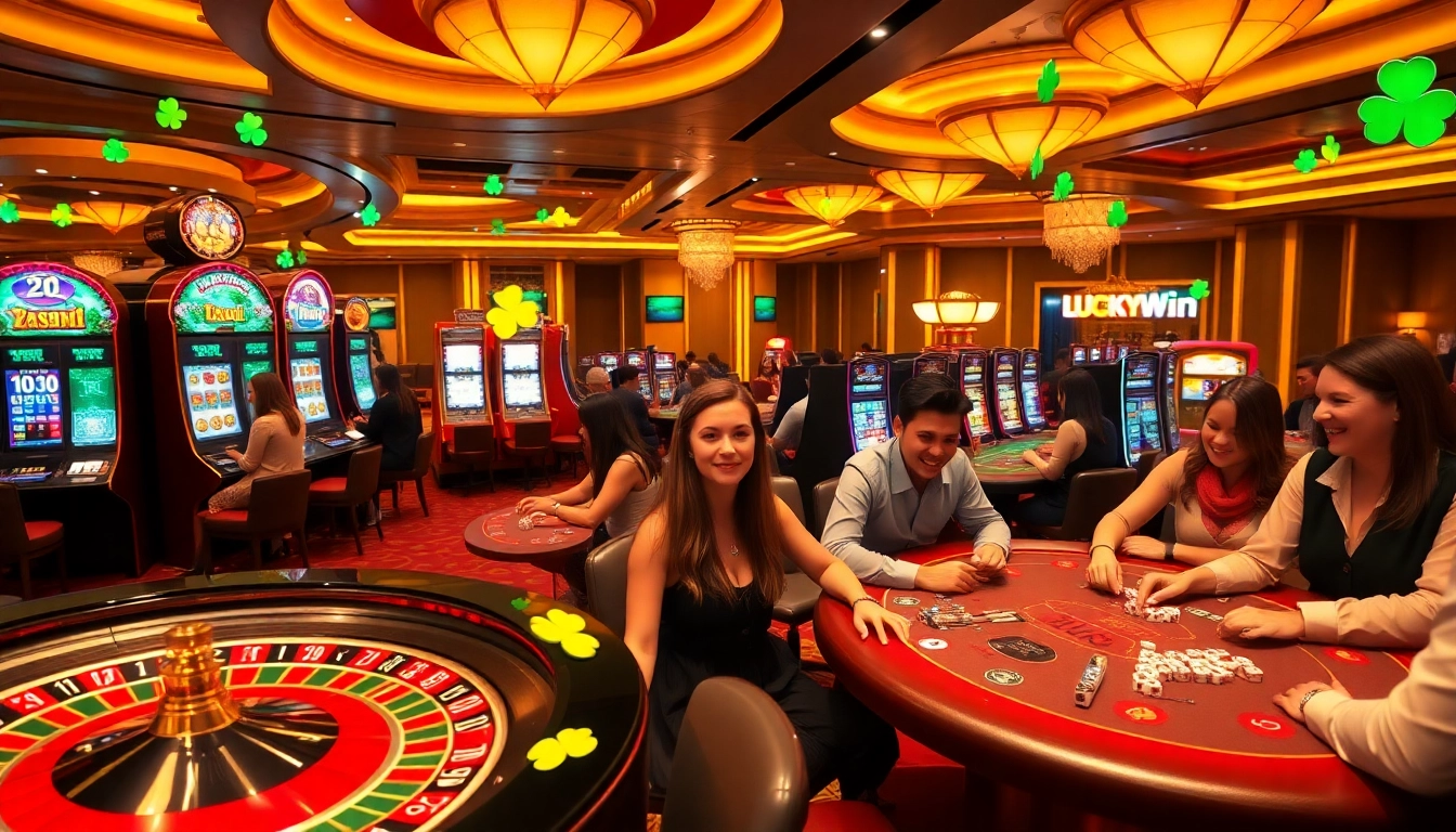 Players enjoying the thrill of gaming at LuckyWin casino, featuring roulette and slot machines.