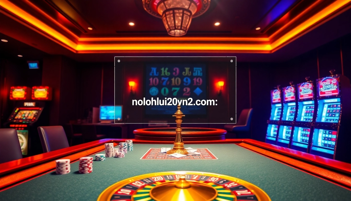 A vibrant casino scene featuring rich decor and gaming elements from https://nohu90vn2.com/ with poker chips, cards, and a roulette wheel.