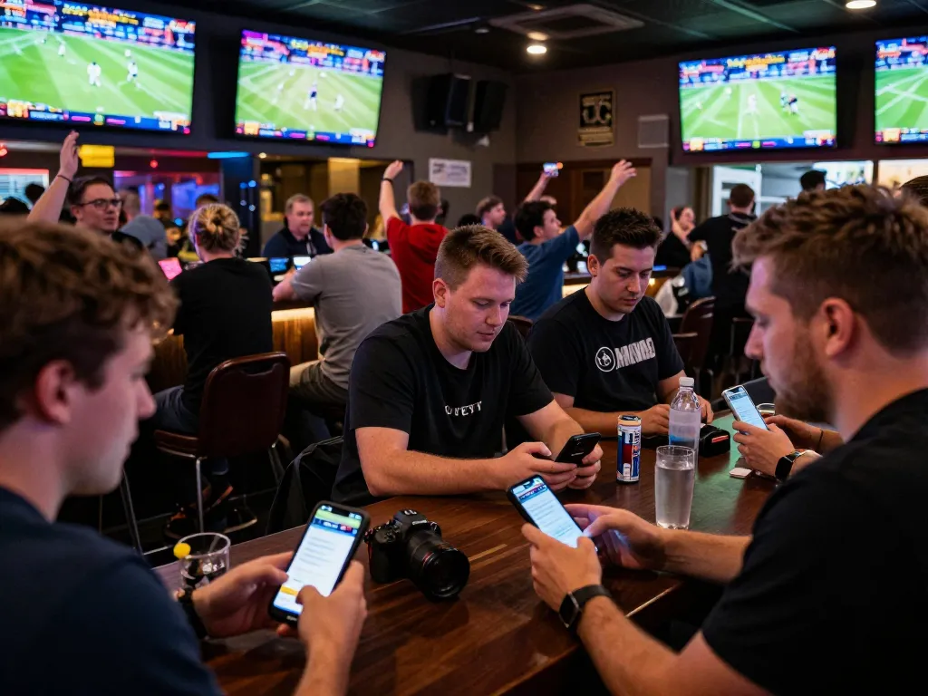 Engaged players analyzing tỷ lệ kèo nhà cái in an energetic sports betting environment.