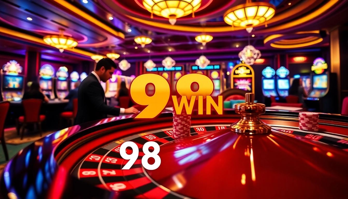 Experience the thrill of 98 WIN with vibrant casino elements like poker chips and roulette.