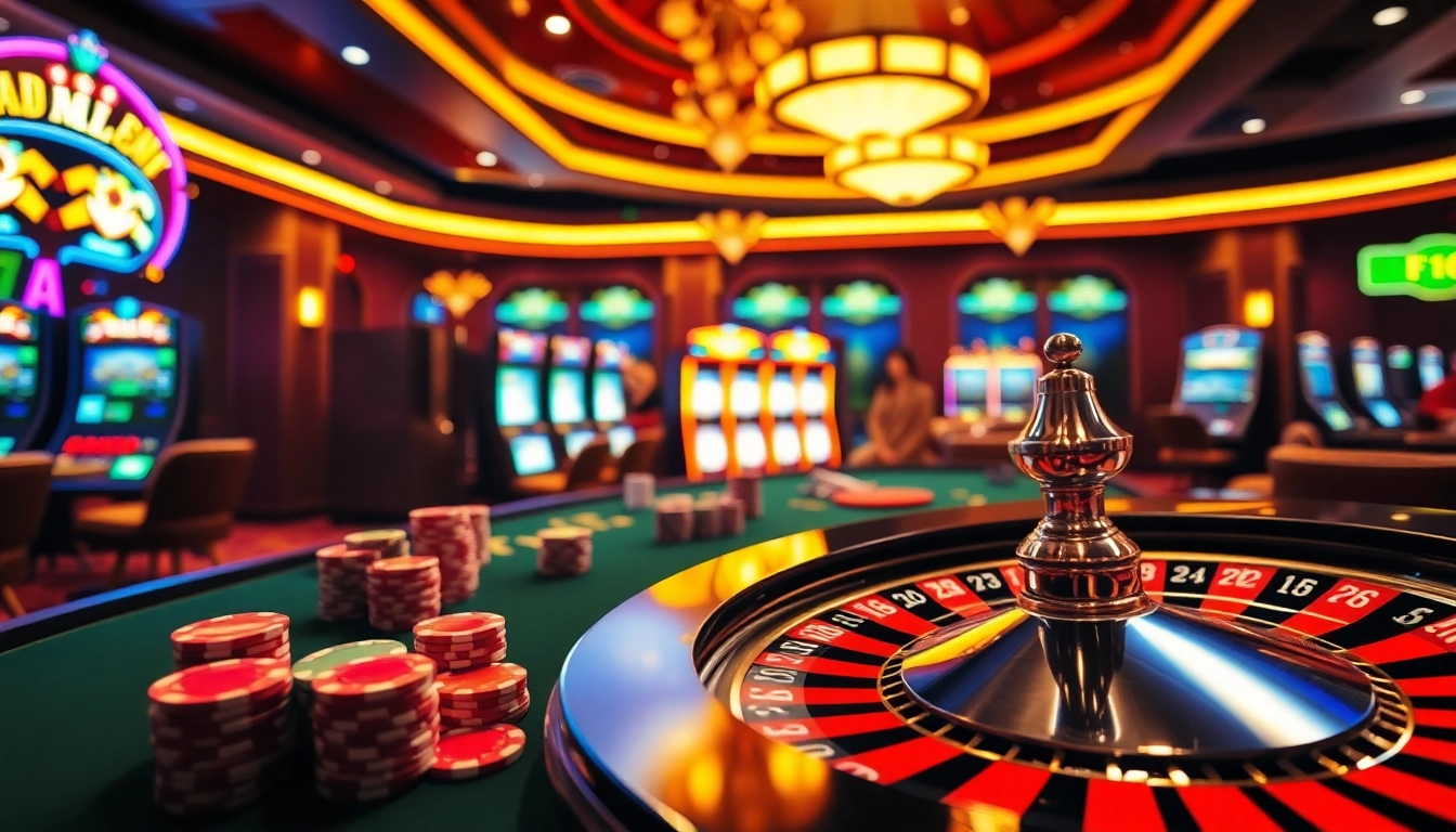 F168 casino scene with vibrant poker chips on a gaming table and a spinning roulette wheel.